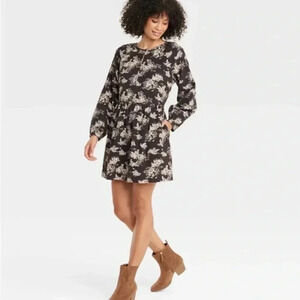 Universal Thread Black Floral Corduroy Long Balloon‎ Sleeve Dress Size 1X